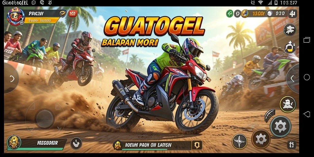 Screenshot GUATOGEL menampilkan aksi balapan motor yang mendebarkan.