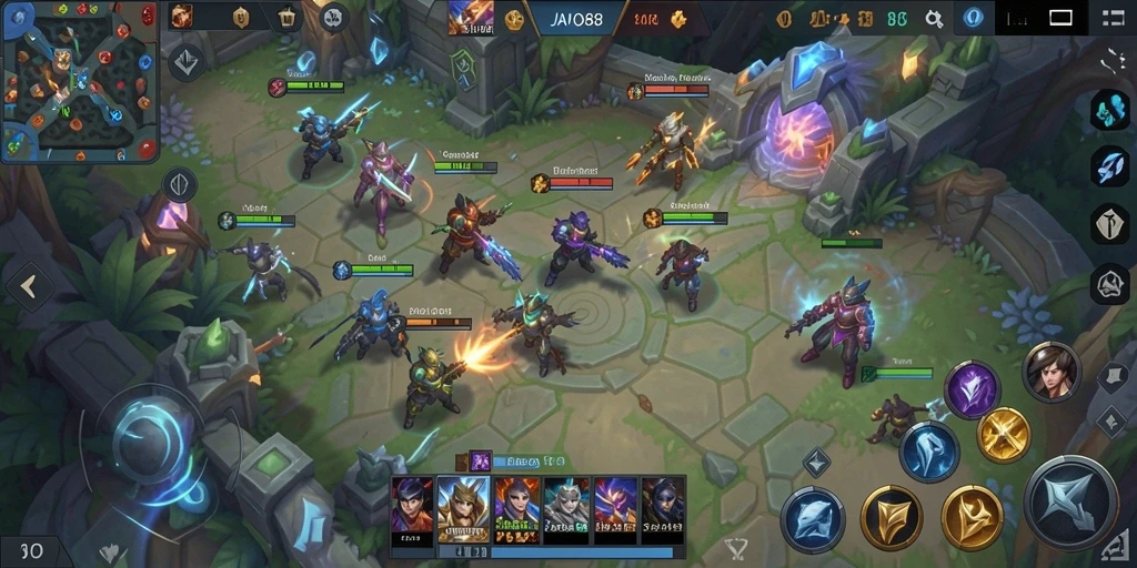 Screenshot gameplay JAVO88 menunjukkan aksi seru dalam pertempuran MOBA.